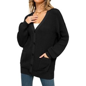Qualfort Womens Black 100% Cotton Waffle Knit V-Neck Button Cardigan Sweater M